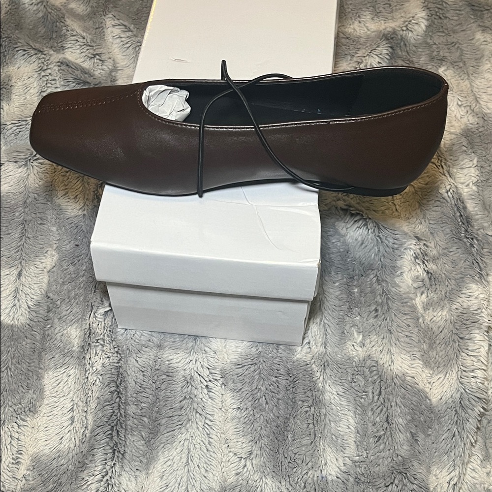 Brown Square-Toe Crisscross Strap Flats - Picture 7 of 17